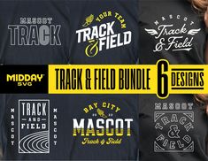 the logo for track and field bundle 6 designs is shown in black, yellow and white