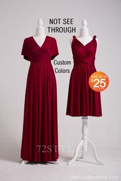 two dresses on mannequins, one in red and the other in maroon