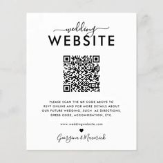 the wedding website is displayed on a white card with black lettering and a qr code