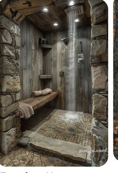 there are two pictures of the same bathroom in this house, one is stone and the other is wood