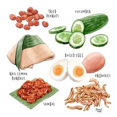 an image of food that includes eggs, cucumber, boiled beans and other foods