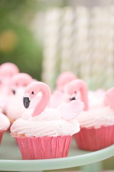 cupcakes with pink frosting and flamingos on them