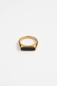 Introducing the black stone version of one of our favorites. This classic color combination is sure to match any outfit for any occasion. 18K gold over stainless steel Water Resistant Hypoallergenic Minimalist Stainless Steel Rectangular Ring, Minimalist Stainless Steel Signet Ring For Formal Occasions, Minimalist Stainless Steel Rings For Formal Occasions, Everyday Black Signet Ring With Polished Finish, Elegant Black Signet Ring For Everyday, Classic Black Jewelry For Everyday, Elegant Black Everyday Signet Ring, Black Minimalist Signet Ring For Everyday, Classic Gold Stainless Steel Signet Ring