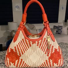 Stunning!!!New With Tags!The Coveted Always Sought-Out, But Very Rare Cole Haan Genevieve Nwt! Limited Edition Woven Leather Saddle Diamond Weave Triangle Tote Satchel Hobo Shoulder Bag Handbag Purse, In A Gorgeous, Rich Spicy Orange Red Brown Taupe Gray Tan Beige Cream White W/ Gold Hardware! Looks Like A Work Of Art!!A Beautiful High-End Bag Nwt!Extremely Rare!No Longer Made Or Sold In Stores!An Excellent, Luxurious Gift For A Lucky Lady Or Fine Handbag Collector! As Everyone Knowswhenever You Triangle Tote, Leather Weave, Woven Leather Bag, Triangle Bag, Gucci Soho Disco, Lucky Ladies, Diamond Weave, Leather Weaving, Woven Bag