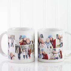 two coffee mugs with pictures of people on them