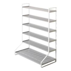 a white shelving unit with six shelves on each side and one shelf in the middle