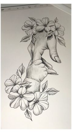 a drawing of an elephant with flowers on it's head and hands reaching out to touch the ground