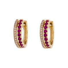 These gorgeous ruby and diamond earrings have 18 rubies and 30 diamonds. The diamonds make a border on either side of the rubies. The rubies are an amazing red color that is bright and commands attention. The earrings hug your earlobe and have a hinge so that it is securely fastened to your ear. The hinge will click in place and then you know that you are ready to do anything with your earrings on! Earrings: 1 Set Metal Quality: 14 Karat Yellow Gold Earring Type: Hoops/Huggies Hoop DIameter: 12. Ruby Hoop Earrings, Ruby And Diamond Earrings, Rubies And Diamonds, Quinceañera Ideas, Gold Huggies, Diamond Huggie Earrings, Bath And Body Works Perfume, Ear Ring, Earrings Hoops