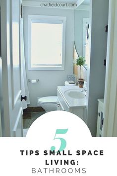 a bathroom with the title 5 tips small space living bathrooms