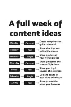 a black and white poster with the words a full week of content ideas