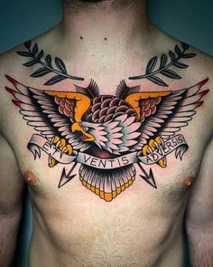 a man with an eagle tattoo on his chest is wearing no shirt and has two arrows