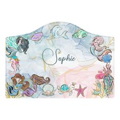 an image of a sign with mermaids and sea animals on it's side