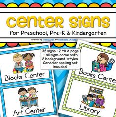 the center signs for preschool, pre - k and kindergarten