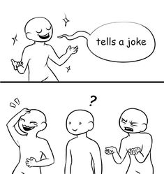 two cartoon pictures with one saying, tells a joke and the other explaining what to do