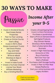 a pink and yellow poster with the words 30 ways to make passive in some after your 9