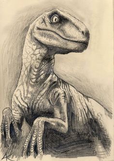 a pencil drawing of a dinosaur sitting on the ground