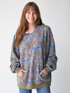 Oversized Printed Sweatshirt - Blue Rose Purple Daisy-view 1 Casual Spring Hoodie Top, Purple Long Sleeve Sweatshirt For Spring, Hooded Relaxed Fit Tops For Loungewear, Oversized French Terry Top For Spring, Relaxed Fit Hoodie Tops For Loungewear, Relaxed Fit Hooded Top For Loungewear, Relaxed Fit Hooded Loungewear Top, Relaxed Fit Loungewear Hoodie, Spring Long Sleeve Hoodie For Loungewear