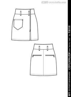 the front and back view of a women's skirt with zippers on each side