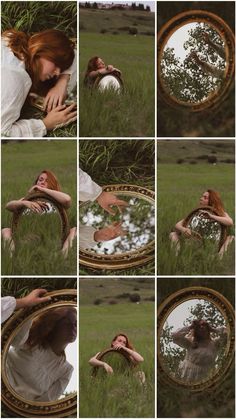 a woman is sitting in the grass looking at her reflection in a mirror, and she has red hair