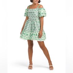 Brand New. Color: Ivory/Green Belt Included, Fully Lined, Printed Pattern Overlay Puff Sleeve, Square Neck, Mini Dress 28in Long, Taken From Size 4 Back Zip Closure Cotton/Spandex Imported Imo Dress Is Junior Sized. Size 12 But Fits More Like An 8-10 (Adult) Green Puff Sleeve Dress For Summer, Spring Casual Off-shoulder Puff Sleeve Dress, Casual Spring Off-shoulder Puff Sleeve Dress, Green Puff Sleeve Mini Dress For Vacation, Spring Green Puff Sleeve Dress For Day Out, Green Puff Sleeve Dress For Spring Day Out, Green Puff Sleeve Summer Dress For Daywear, Casual Green Cotton Puff Sleeve Dress, White Puff Sleeve Dress For Spring Vacation