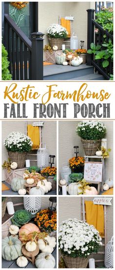 fall front porch decor with pumpkins and gourds