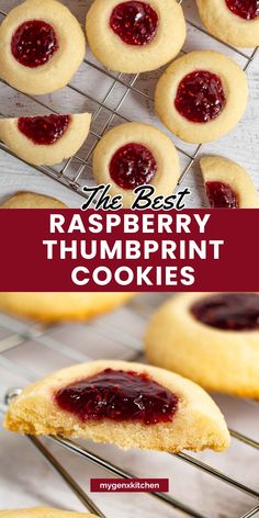 the best raspberry thumbprint cookies on a cooling rack with text overlay