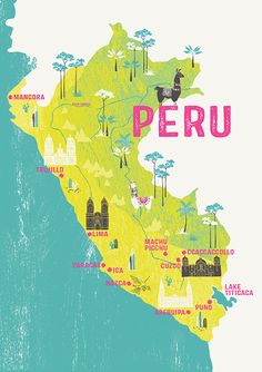 an illustrated map of peru with all the major cities and towns in pastel colors