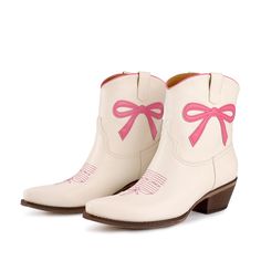 The Minnie Pearl – Marfa Boots Pink Bow Shoes, Minnie Pearl, Square Toe Leather Boots, Scalloped Collar, Bow Boots, Pink Boots, Pink Trim, Cute Preppy Outfits, Birthday Shopping