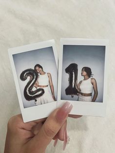 two polaroid photos with the number twenty and one woman holding an inflatable balloon