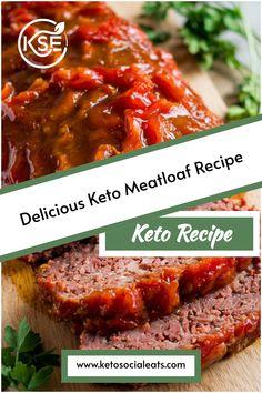 Delicious keto meatloaf topped with tomato sauce, garnished with parsley.