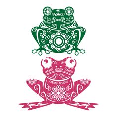 two green and pink frogs sitting on top of each other in the shape of a frog