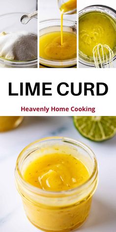 the recipe for lime curd is shown in three different pictures, including an orange juice and