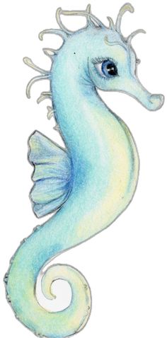 a watercolor drawing of a seahorse with blue eyes and tail, on a white background