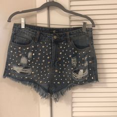 Studded Jean Shorts Never Worn With Tag Attached. Size Large. Denim Shorts For Night Out, Denim Bottoms For Summer Night Out, Denim Shorts For Summer Night Out, Denim Bottoms For Night Out In Summer, Summer Denim Shorts For Night Out, Chic Cutoff Bottoms For Night Out, Blue High-waisted Shorts For Night Out, High-waisted Blue Shorts For Night Out, High Rise Shorts For Night Out