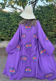 Handmade Evil Eye Festival Boho Kimono Bathrobe; %100 Organic Turkish Cotton You can use our stylish kimonos as; festival clothing, robe, dressing gown, beachwear cover up, bridesmaids gifts, bathrobe, pool&spa clothing, pareo, hammam towels and peshtemals. Due to its extra soft texture; our kimonos are very-well absorbent, quick to dry and eco-friendly. Great choice for the birthday / anniversary / bridesmaids / valentines day gifts. Patterns are handmade woodblock prints. Colors are also handm Purple Long Sleeve Maxi Dress For Beach, Purple Long Sleeve Maxi Dress For Festival, Long Purple Kaftan For Festival, Traditional Long Purple Maxi Dress, Purple Long Kaftan For Beach Cover-up, Traditional Purple Beach Dress, Purple Free Size Long Kaftan, Long Purple Festival Dress, Long Purple Dress For Festival