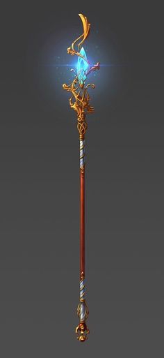 an ornate wooden stick with a blue light on it's top and a gold handle