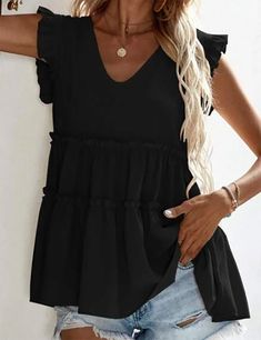 Black V Neck Ruffles Sleeveless Tank Top Black Sleeveless Ruffled Tank Top, Sleeveless Black Ruffled Tank Top, Black Ruffled Sleeveless Tank Top, Sleeveless Black Blouse For Day Out, Black Sleeveless Top With Ruffles, Black Sleeveless Ruffled Top, Black Ruffled Tank Top For Summer, Chic Black Ruffled Tank Top, Womens Dressy Blouses