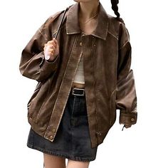 Find ideas๏ฟฝand inspiration for Women Fashion Leather Jacket Vintage Leather Oversized Bomber Jacket Outfit, Women's Coats, Jackets & Vests 90s Leather Jacket Outfit, 80 Outfits, Vintage Outfits 80s, Outfit Patterns, Ladies Leather Jacket, Oversized Leather Jacket, Brown Leather Coat, Womens Biker Jacket, Retro Jacket