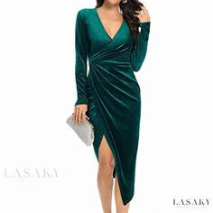 Lasaky - Swan Velvet Folded Long Sleeve Irregular Slit Dress with Formal Attire Irregular Skirt, Formal Evening Wear, Dress With Pleats, Velvet Collar, Split Maxi Dress, Long Sleeve Maxi, Formal Attire, Knit Midi Dress, Evening Attire