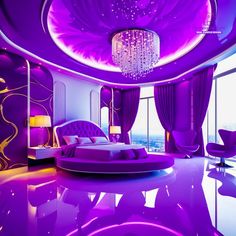 a purple bedroom with chandelier and round bed in the middle is lit up