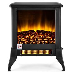 an electric fireplace with flames and logs on the front, in black finish against a white background