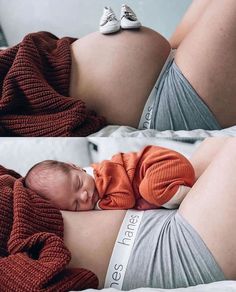 two photos of a pregnant woman holding her baby