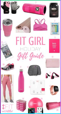 the fit girl holiday gift guide is shown in pink and white with text overlay