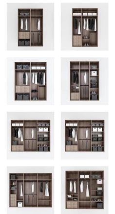 six shelves with clothes hanging on them in different sizes and shapes, each containing an individual's own wardrobe