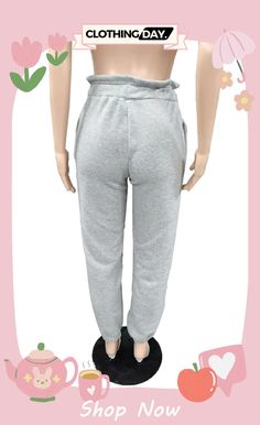 Grey Fashion Casual Solid Basic Regular High Waist Trousers Casual Solid Color Sweatpants For Spring, Gray Fitted Casual Sweatpants, Fitted Ankle-length Casual Sweatpants, Casual High Waist Gray Sweatpants, High Waist Gray Sweatpants For Spring, Casual Sweatpants With Pockets For Day Out, Chic High-waist Sweatpants With Pockets, Chic Fitted Sweatpants With Pockets, Casual Plain Bottoms For Spring