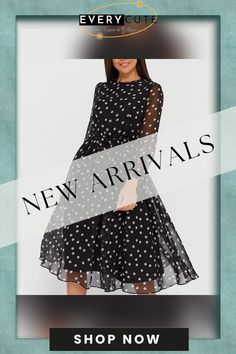 Holiday New Fashion Casual Polka Dot Printed Chiffon Dress Women's High Waist Lantern Sleeve A-line Knee-length Dress Knee-length Polka Dot Midi Dress For Party, Chic Knee-length Ditsy Floral Print Dress, Polka Dot Knee-length Dress With Buttons, Polka Dot Cotton Knee-length Dress, Polka Dot Knee-length Midi Dress For Daywear, Printed Chiffon Dress, Print Chiffon Dress, Color Pick, Print Chiffon