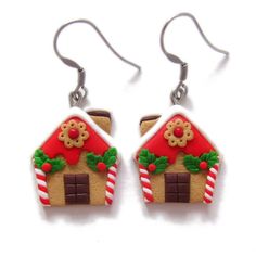 gingerbread house earrings with candy canes and holly