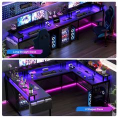 two different views of a gaming room with purple lighting and black furniture, including a computer desk