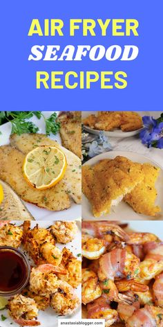 an air fryer seafood recipe with lemons, shrimp and other foods on it