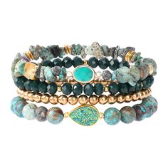 PRICES MAY VARY. ♥BOHEMIAN TURQUOISE BRACELETS♥ Trendy, elegant and chic, the bohemian beaded bracelet set consists of 2 pcs African turquoise stone beads bracelets with gorgeous charm, a gold spacer beads bracelet and a dark green faceted beads bracelet. The stackable bohemian beaded bracelets will go with a variety of styles of dress and your daily look. Suitable for both women and men, boys and girls. ♥HIGH QUALITY MATERIAL♥ The bohemian stretch beaded bracelets are made of mixed natural turq Bohemian Stackable Adjustable Charm Bracelet, Bohemian Stackable Charm Bracelet With Round Beads, Bohemian Stackable Charm Bracelet, Stone Beaded Bracelets, Bohemian Beaded Bracelet, Bracelets Summer, Bracelets Trendy, Stackable Beaded Bracelets, Turquoise Stone Bracelet